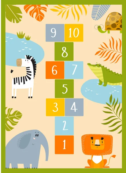Imprimir Esteira Jogo Para Crianças Com Animais Tropicais Números Animais — Vetor de Stock