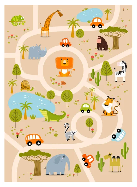 Печать Играйте Коврик Детей Животными Сафари Парке Сафари Карикатурные Тропические — стоковый вектор