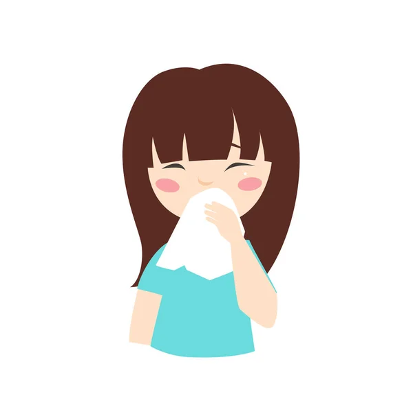 Print Girl Sick Icon Girl Blows Her Nose Handkerchief Headache — Stock Vector