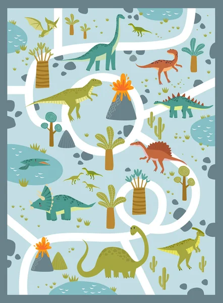 Drukuj Wektorowa Mata Dziecięca Dinozaurami Parku Jurajskim Kreskówkowe Dinozaury Droga — Wektor stockowy