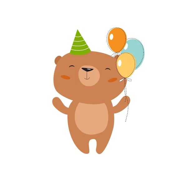 Print Cute Vector Bear Balloons Bear Has Birthday Cartoon Bear — Stock Vector