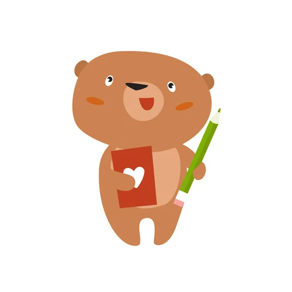 矢量卡通熊用铅笔写字 熊在学习 可爱的熊忍受着他手里拿着笔记本 — 图库矢量图片