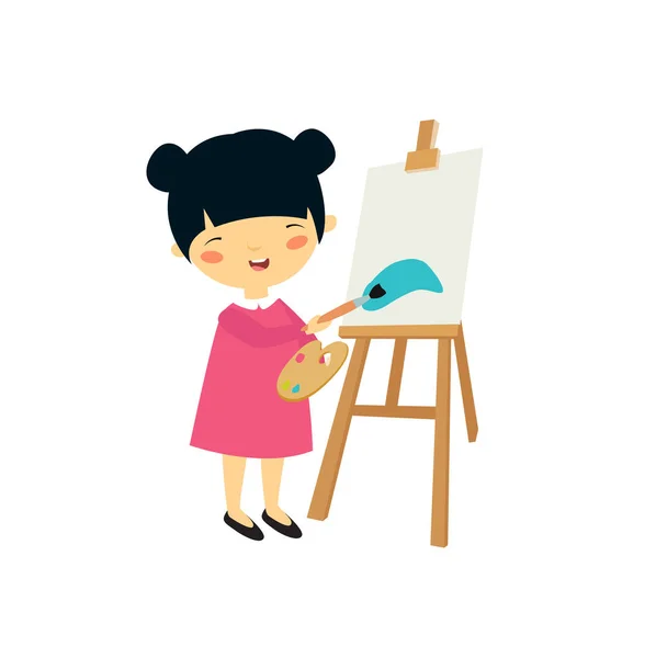Печать Милая Азиатка Маленькая Девочка Рисует Красками Мольберте Девушка Мультика — стоковый вектор