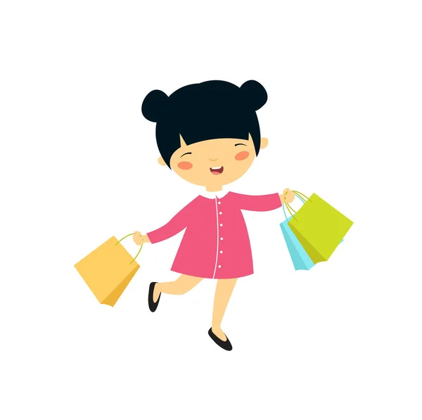 Print Shopping Girl Asian Girl Shopping Happy Girl Cartoon Character — Stock Vector