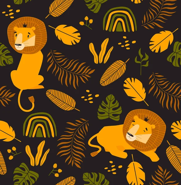 Tropikal Bitkiler Aslanlarla Parlak Pürüzsüz Bir Arka Plan Çizgi Film Stok Vektör