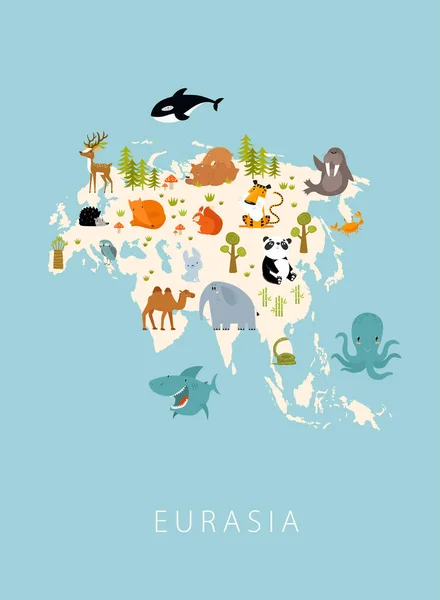 Stampa Mappa Vettoriale Dell Eurasia Con Animali Animali Dei Cartoni — Vettoriale Stock