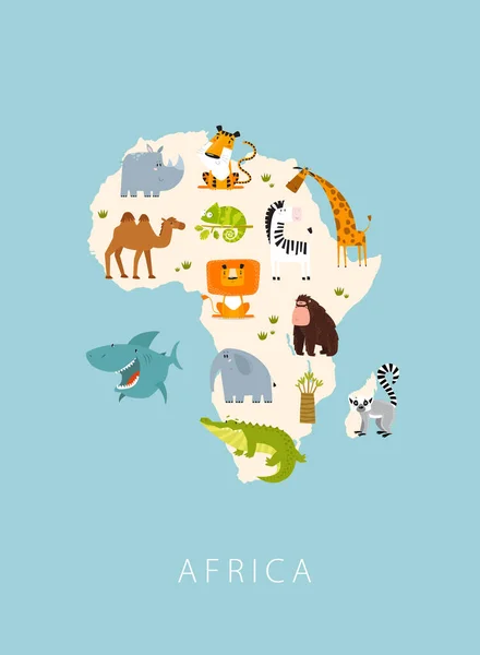 ベクトルポスター アフリカ 本土の動物と アフリカ地図だ アフリカの動物 漫画のキャラクター ライオン ゼブラ ゴリラ キリン — ストックベクタ