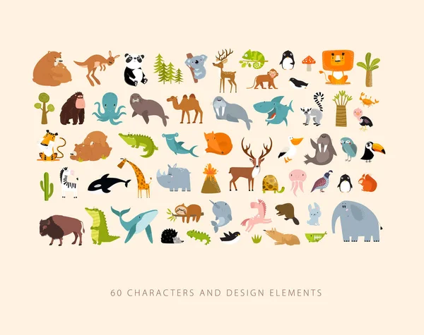 Print Big Vector Set Cartoon Animals Forest Animals Tropical Animals — Stock Vector