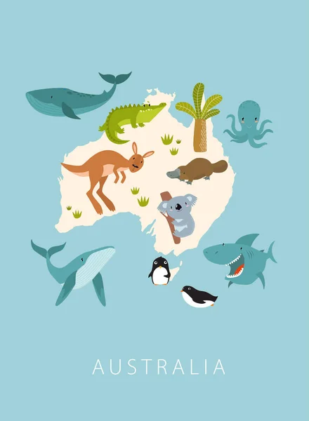 Tisk Plakát Austrálie Zvířaty Kontinentu Kreslené Postavy Kreslená Zvířata Klokan — Stockový vektor