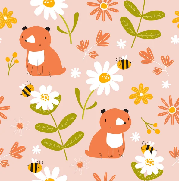 テディベア ミツバチや花とベクトルピンクのパターン デイジー ミツバチと春のシームレスな背景 漫画のクマ 牧草地の自然背景 — ストックベクタ