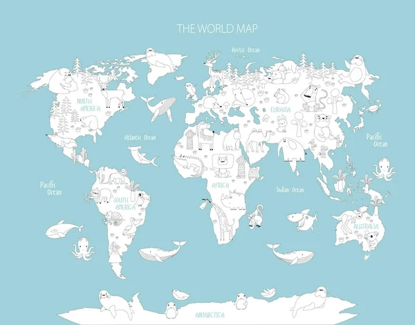 Stampa Colorazione Vettoriale Mappa Del Mondo Con Gli Animali Libro — Vettoriale Stock