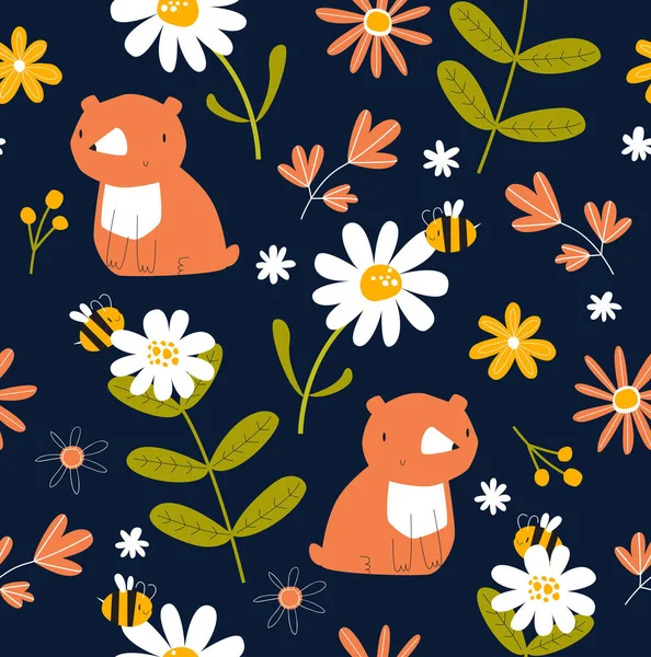 テディベア ミツバチや花とベクトル明るいパターン デイジー ミツバチと春のシームレスな背景 漫画のクマ — ストックベクタ