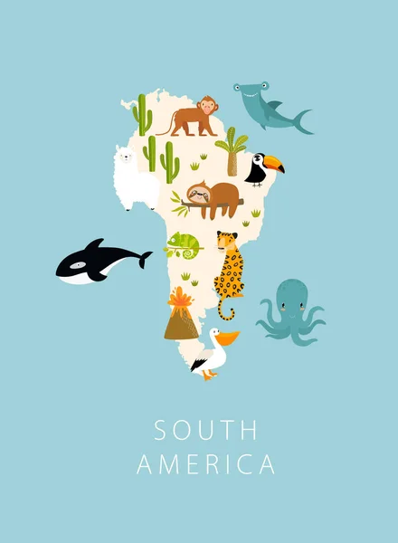 Tisk Vektorová Mapa Jižní Ameriky Zvířaty Kreslená Zvířata Jaguár Opice Royalty Free Stock Vektory