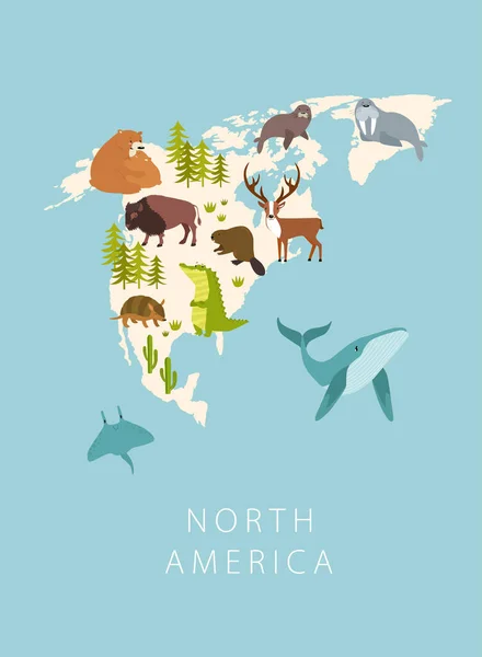 Skriv Vektoraffisch Nordamerika Med Djur Från Kontinenten Tecknade Figurer Tecknade Stockvektor