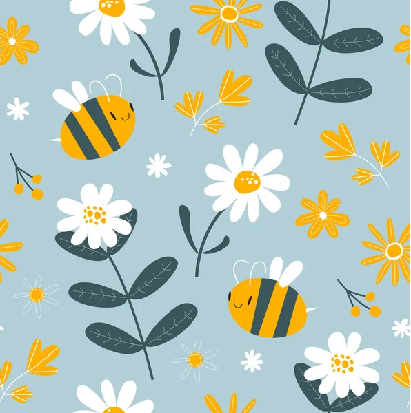 Arılar Papatyalarla Arka Planda Taşıyıcı Bahar Çiçek Deseni Mavi Yumuşak Stok Illüstrasyon
