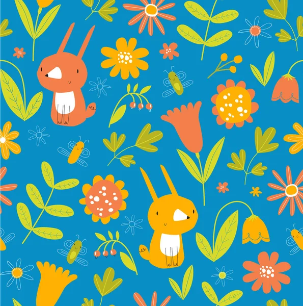 ウサギと春の植物パターン イースターの背景 シェアとベクトルシームレスブルーの背景 グレード 漫画かわいい株 — ストックベクタ