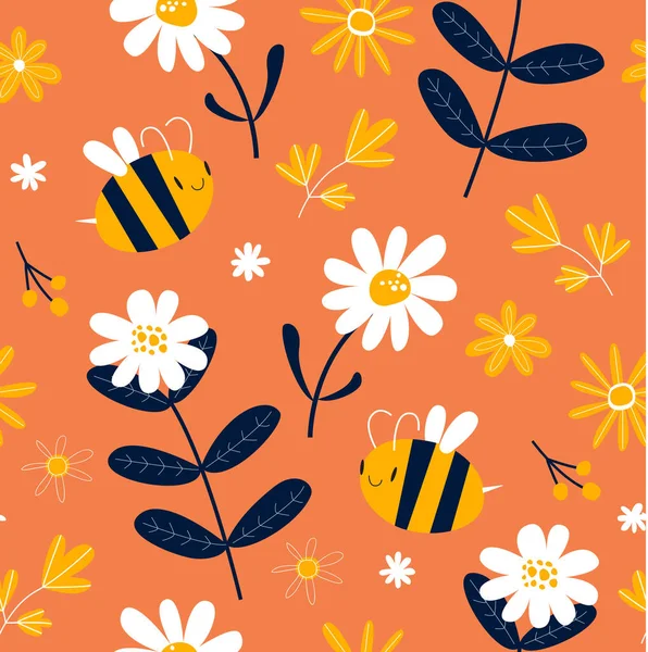 Vector Pink Background Cartoon Bees Daisies Floral Pattern Pink Gentle — Stock Vector