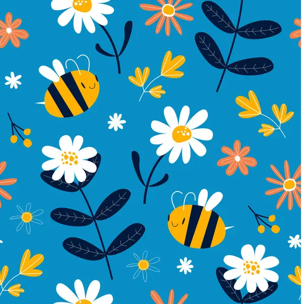 Wektorowe Niebieskie Tło Kreskówkowymi Pszczołami Stokrotkami Kwiatowy Wzór Niebieskie Łagodne Wektor Stockowy