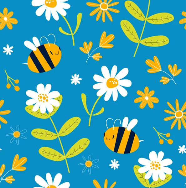 Wektorowe Niebieskie Tło Kreskówkowymi Pszczołami Stokrotkami Kwiatowy Wzór Niebieskie Łagodne Wektory Stockowe bez tantiem
