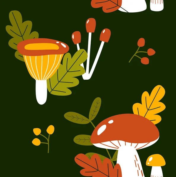 Padrão Vetorial Com Cogumelos Folhas Fundo Floresta Brilhante Fundo Sem Ilustrações De Stock Royalty-Free