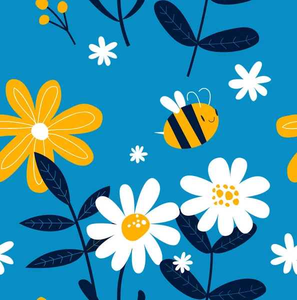 Wektorowe Niebieskie Tło Kreskówkowymi Pszczołami Stokrotkami Kwiatowy Wzór Niebieskie Łagodne Grafika Wektorowa