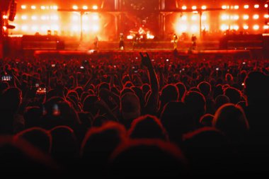 The crowd in a fan zone in a concert hall. Raised hands during a music show