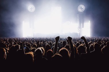 The crowd in a fan zone in a concert hall. Raised hands during a music show