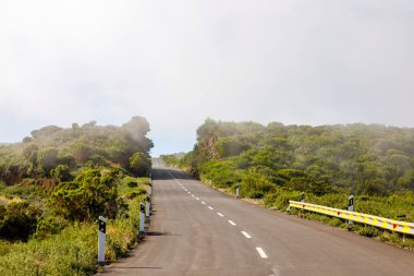 Bulutların ve sislerin arasındaki asfalt yol