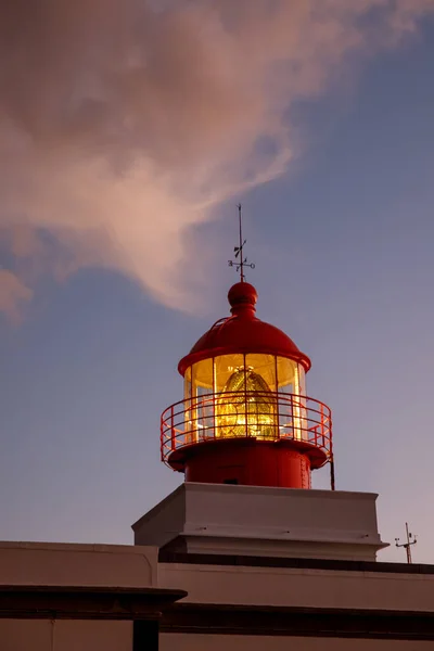 Classic Illuminated Lighthouse Lamp Sunset Dramatic Clouds Sky — Stock Photo, Image