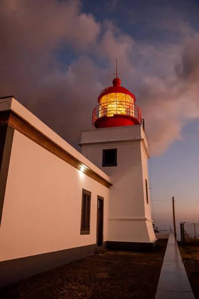 Classic Illuminated Lighthouse Lamp Sunset Dramatic Clouds Sky — Stock Photo, Image
