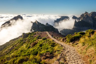 Madeira adasında yürüyüş. Adadaki dağların etrafındaki patika Pico do Arieiro