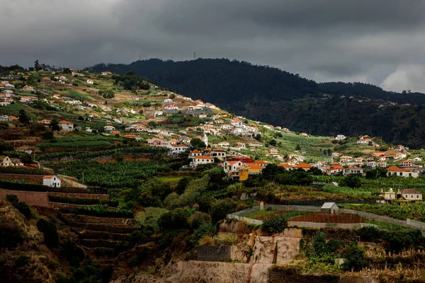 stock image Houses with red roofs on the slopes of the mountains of Madeira island in the Atlantic ocean