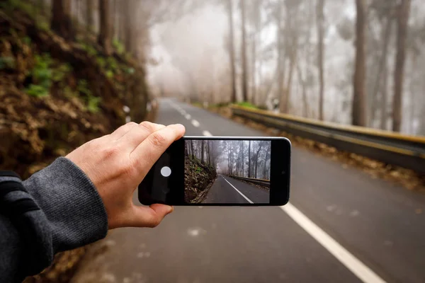 Photographing Dangerous Foggy Asphalt Road Forest — Stock Photo, Image