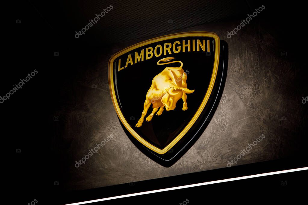 Bologna, Italy - April 1, 2023: Lighted modern Lamborghini logo