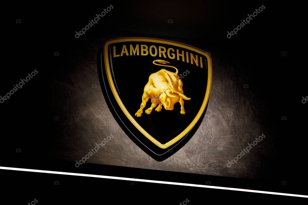 Bologna, Italy - April 1, 2023: Lighted modern Lamborghini logo