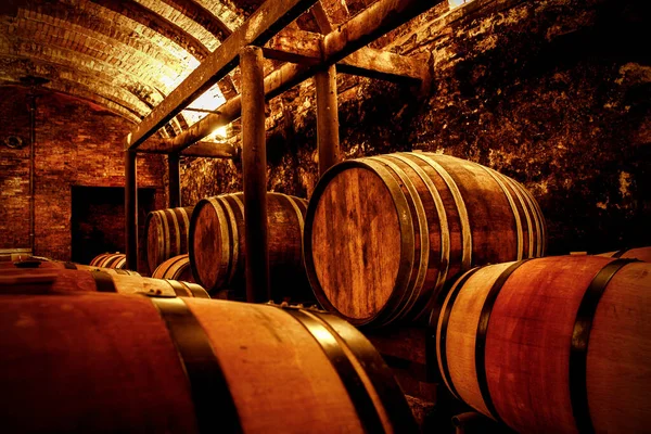 stock image Wine cellar with oak barrels