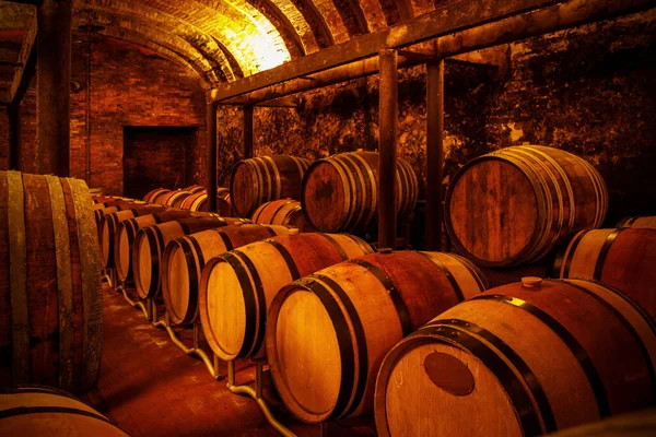 Rustic wine storage room with wooden barrels