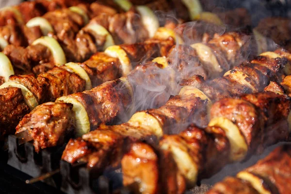 Vaření Kovový Špíz Grilovaný Kebab — Stock fotografie
