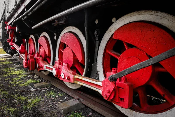 Rodas Metal Vermelho Uma Locomotiva Vapor Vintage — Fotografia de Stock