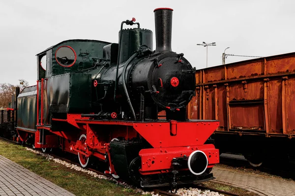 Locomotora Vintage Tren Vapor Depósito Aire Libre — Foto de Stock