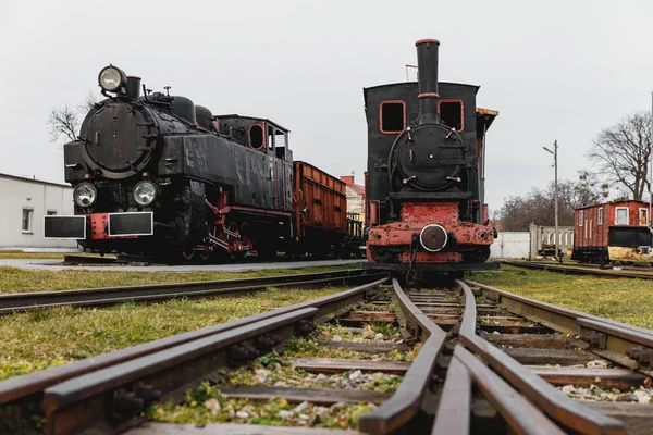 野外鉄道の庭で古典的な蒸気機関 — ストック写真