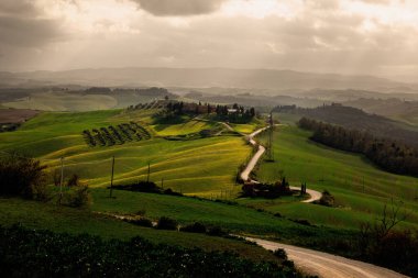 Tuscany, İtalya 'nın yeşil tepelerinden geçen güzel yol.