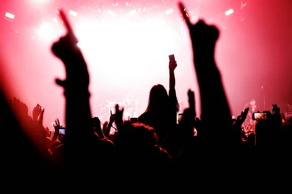 Dziewczyna Ramionach Sylwetka Szczęśliwi Ludzie Podniesionymi Rękami Koncercie Muzycznym — Zdjęcie stockowe