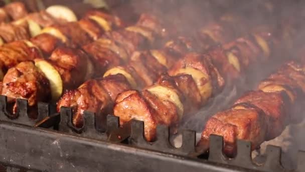 Espetos Carne Porco Assados Forma Apetitosa Carvão Smoky Meat Delight — Vídeo de Stock