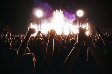 Mutlu insanlar bir konser sırasında dans pistinde ellerini kaldırarak kalabalıklar.