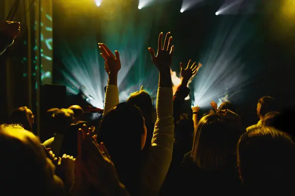 stock image A large group of people enjoying a concert with raised arms.