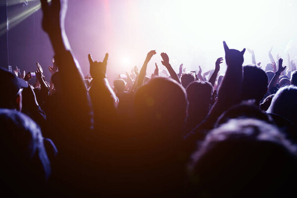 Electrifying atmosphere of a live music event, with the audience silhouetted hands