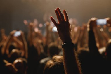 Açık hava festivali sırasında elini kaldıran müzik hayranı.