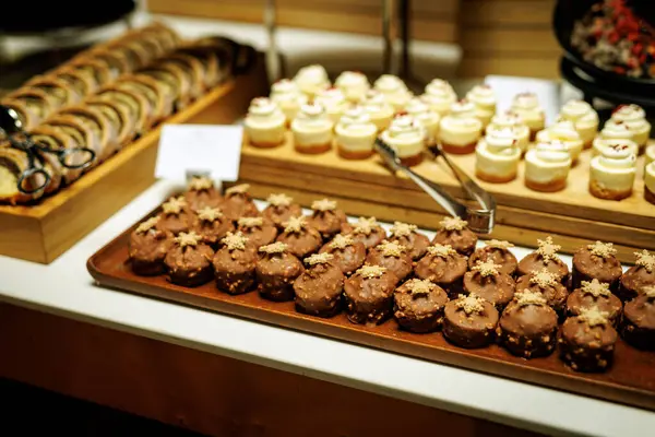 stock image Assortment of chocolates on a hotel buffet