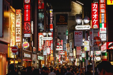 TOKYO, JAPONYAN - 22 Ekim 2024: Tokyo sokaklarında neon tabelalar ve reklam panoları